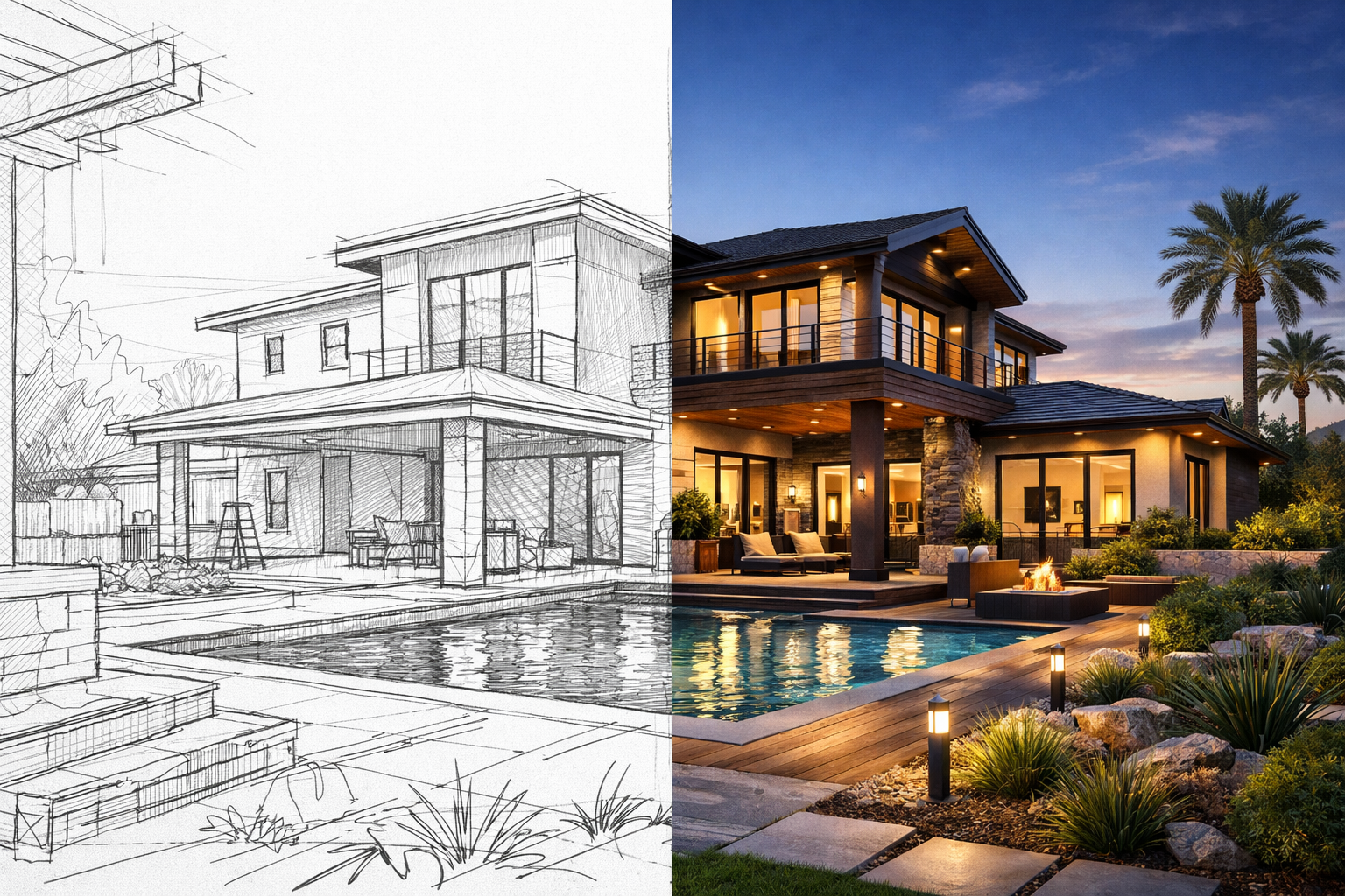 A striking visual transition showing a home remodeling project The left half of the image is a raw monochromatic architectural blueprint sketch of a h-2 A striking visual transition showing a home remodeling project The left half of the image is a raw monochromatic architectural blueprint sketch of a h-2